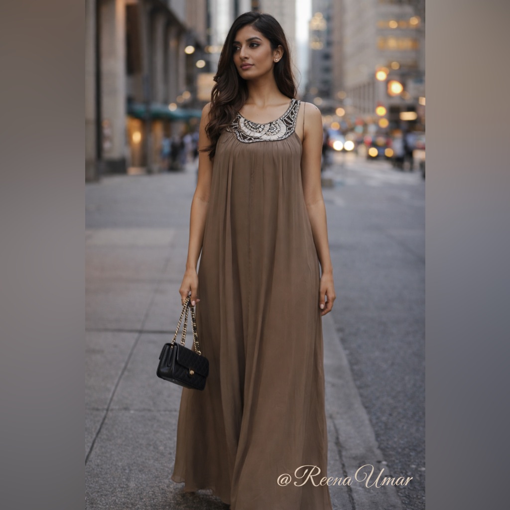 Bcbgmaxazria Silk Brown Gown With Beaded Neckline Size 0